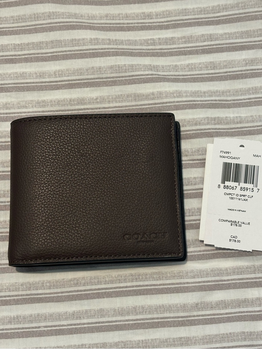 Coach F74991 New Men's Compact ID Wallet Mahogany Brown Calf Leather NWT $178